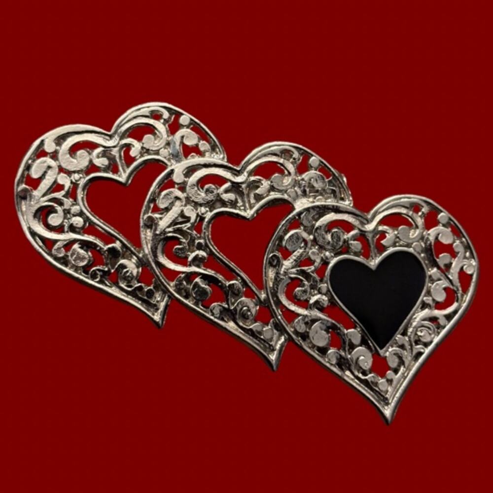 Vintage Silver and Black Scrollwork Filigree Triple Heart Brooch